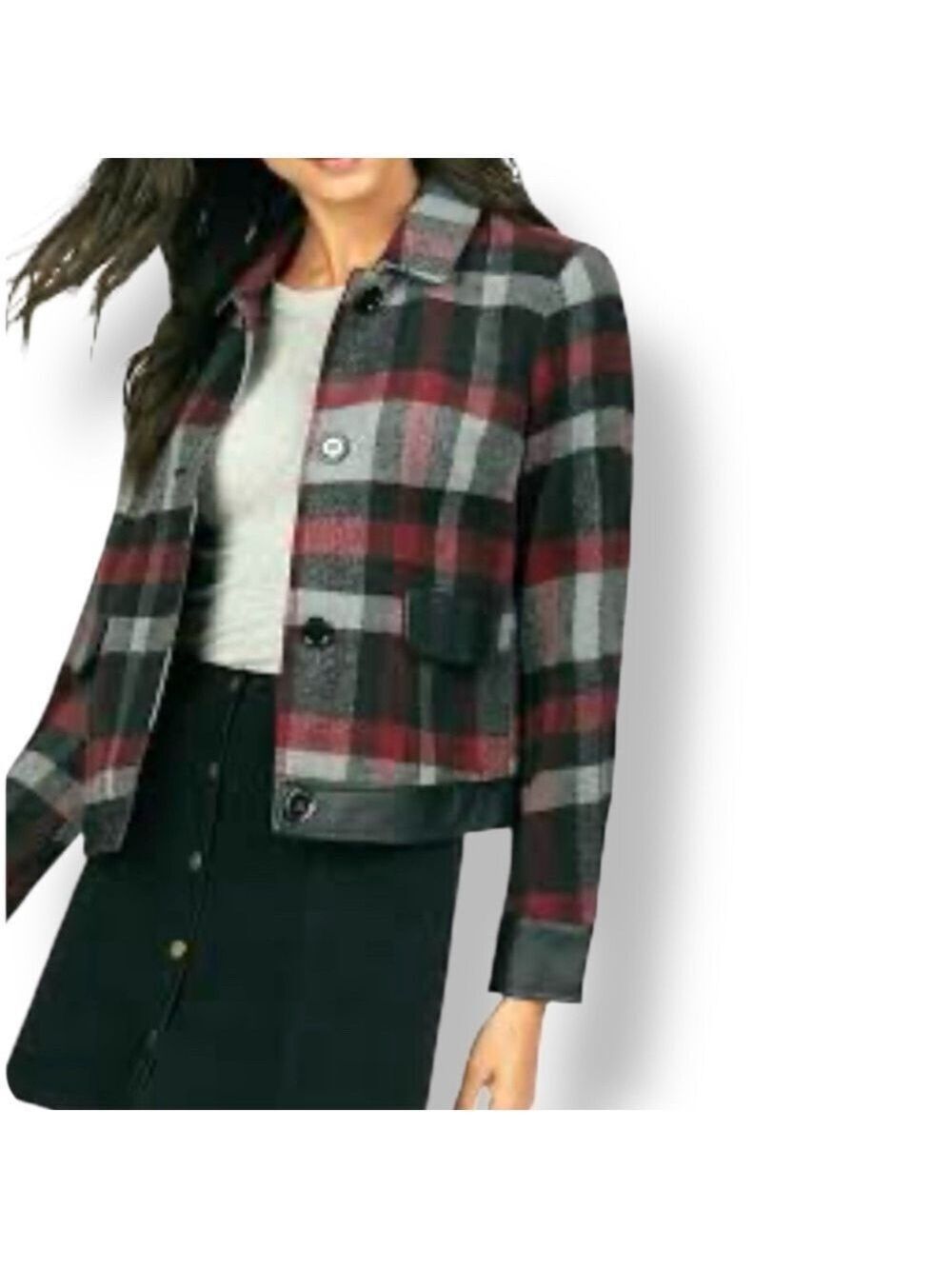 JUST FAB Plaid Cropped Jacket Faux Leather Trim Front Button Closure US Sz 3X